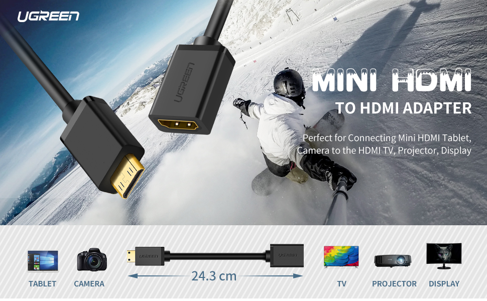 ადაპტერი UGREEN 20137, Mini HDMI Male to HDMI Female Adapter Cable, 22cm,  Black - UGREEN.GE